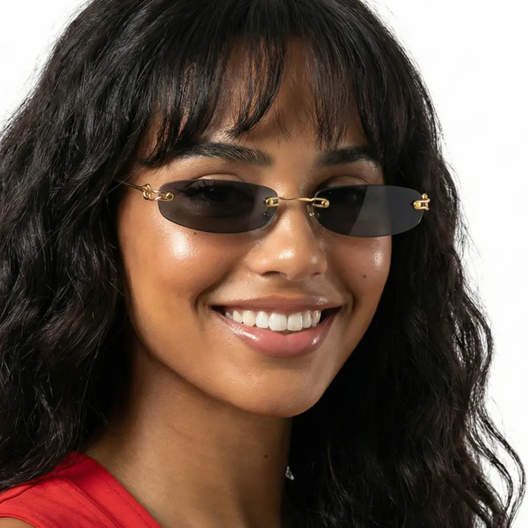 Profile view of female wearing grey rectangle sunglasses, natural smile, EP0112410