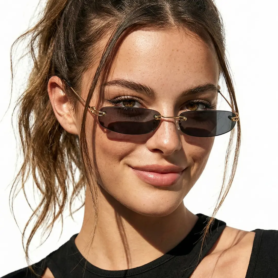 Three-quarter view of female wearing grey rectangle sunglasses, soft smile, EP0112410