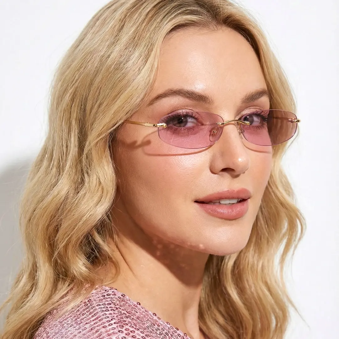 Over-the-shoulder view of female wearing pink rectangle sunglasses, friendly smile, EP0112410