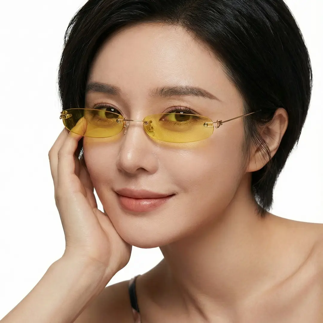 Female wearing y2k yellow rectangle pc sunglasses, smiling while resting chin on hand. SPU: EP0112410