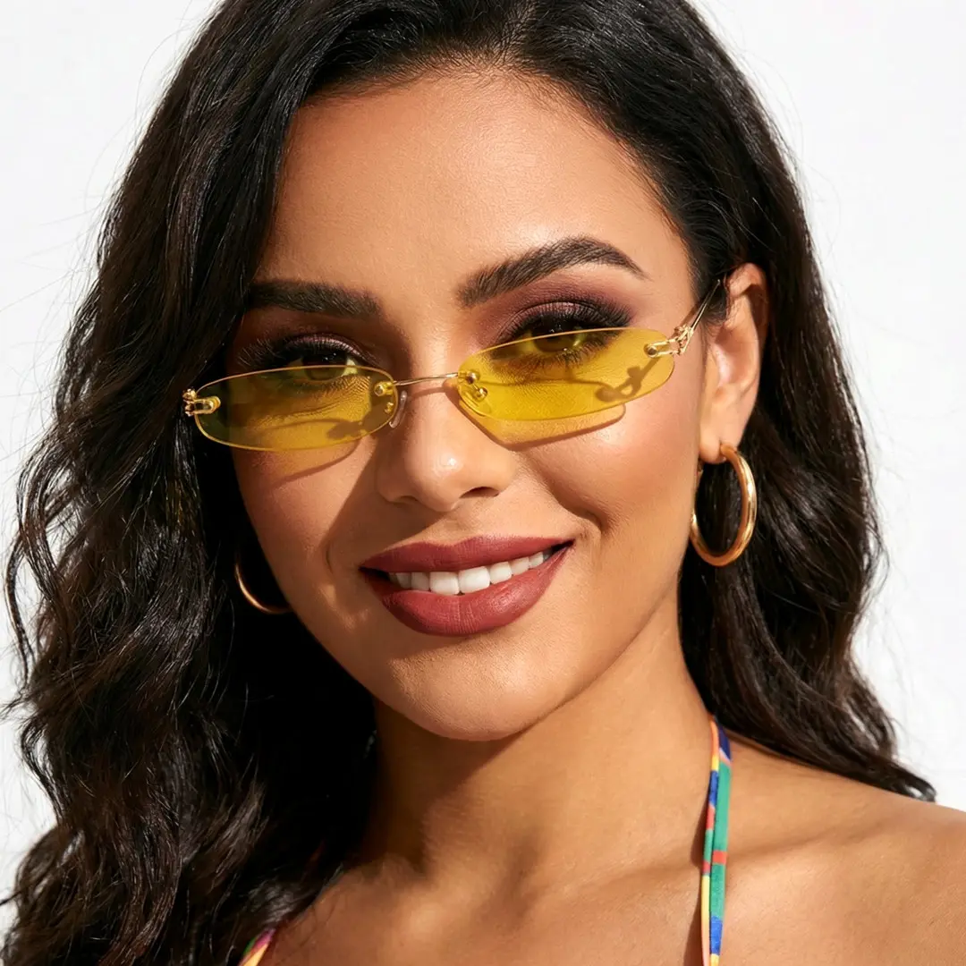 Front view of female wearing yellow rectangle sunglasses, smiling, EP0112410