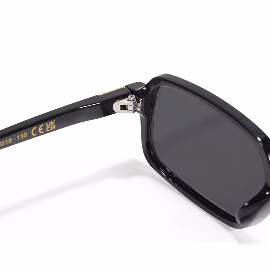 Hinge detail of Tamar rectangle pc sunglasses in black. SPU: EP0172507
