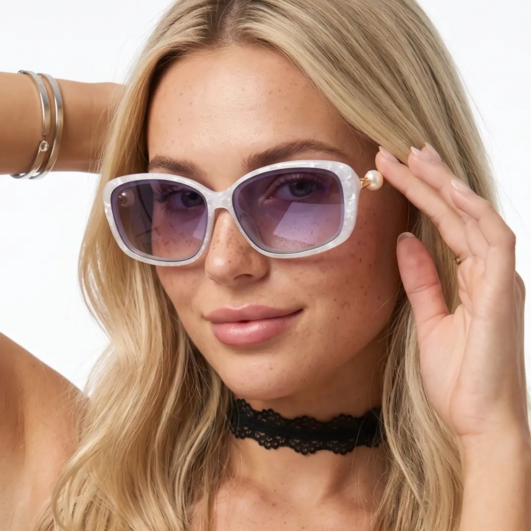 Three-quarter view of female wearing white rectangle sunglasses, touching frame, neutral expression, EP0232603
