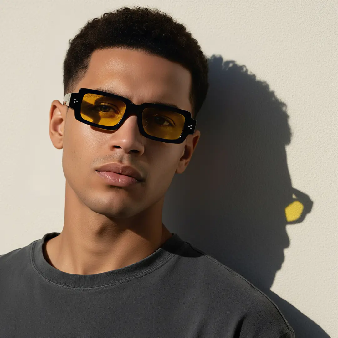 Face close-up view of male wearing fashion black rectangle sunglasses, thoughtful expression, EP0242507