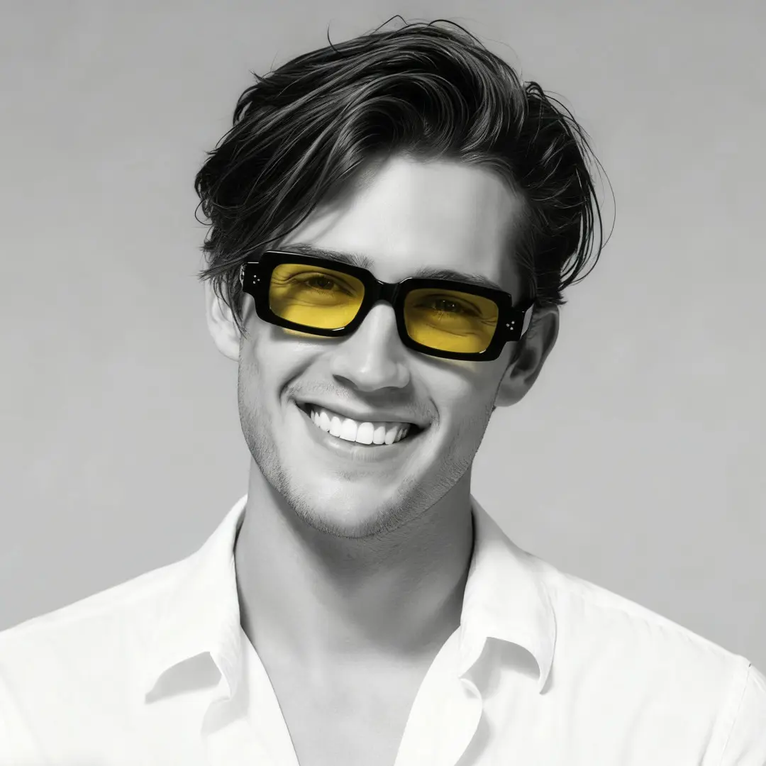Profile view of male wearing fashion black rectangle sunglasses, smiling, EP0242507