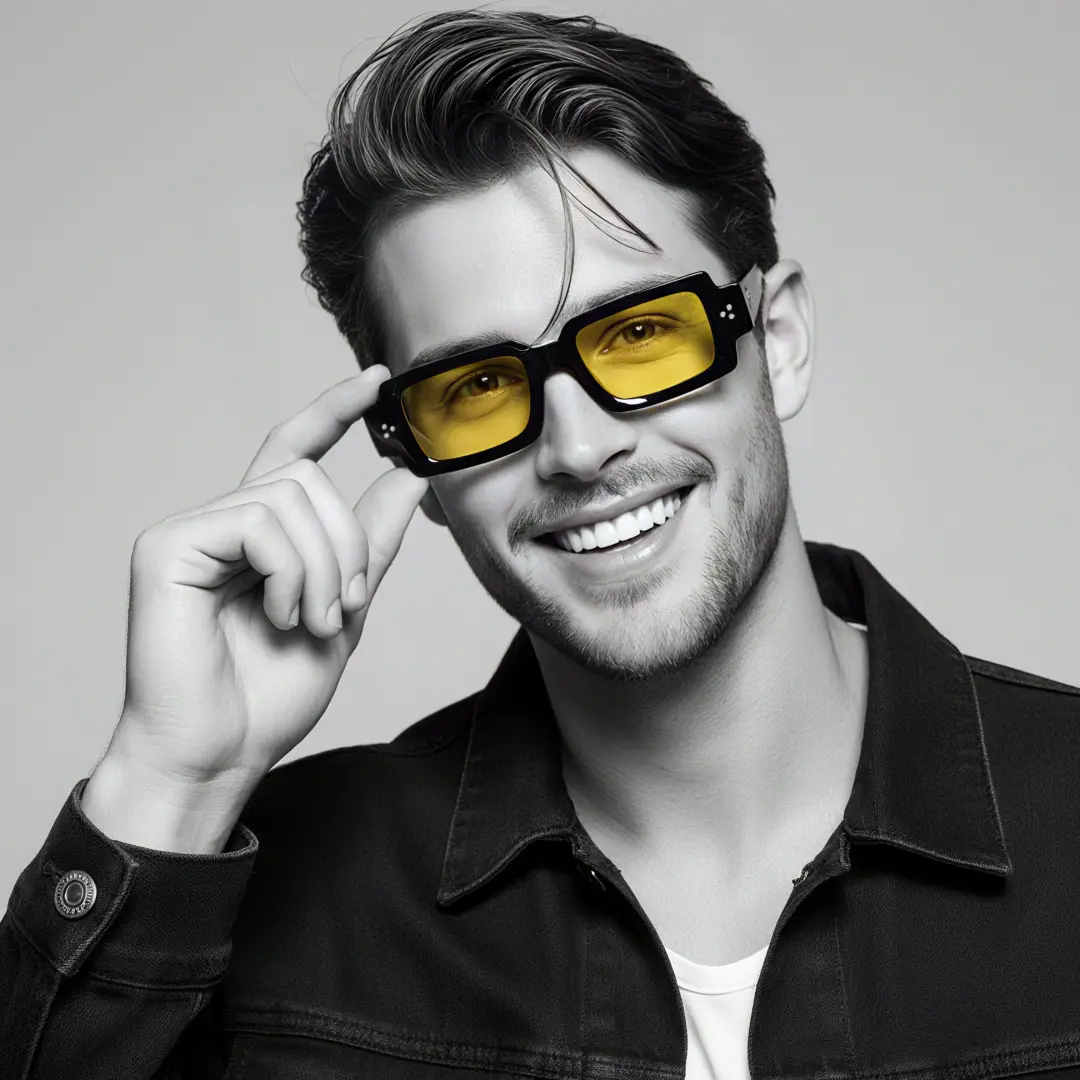 Looking straight ahead view of male wearing fashion black rectangle sunglasses, touching frame, friendly smile, EP0242507