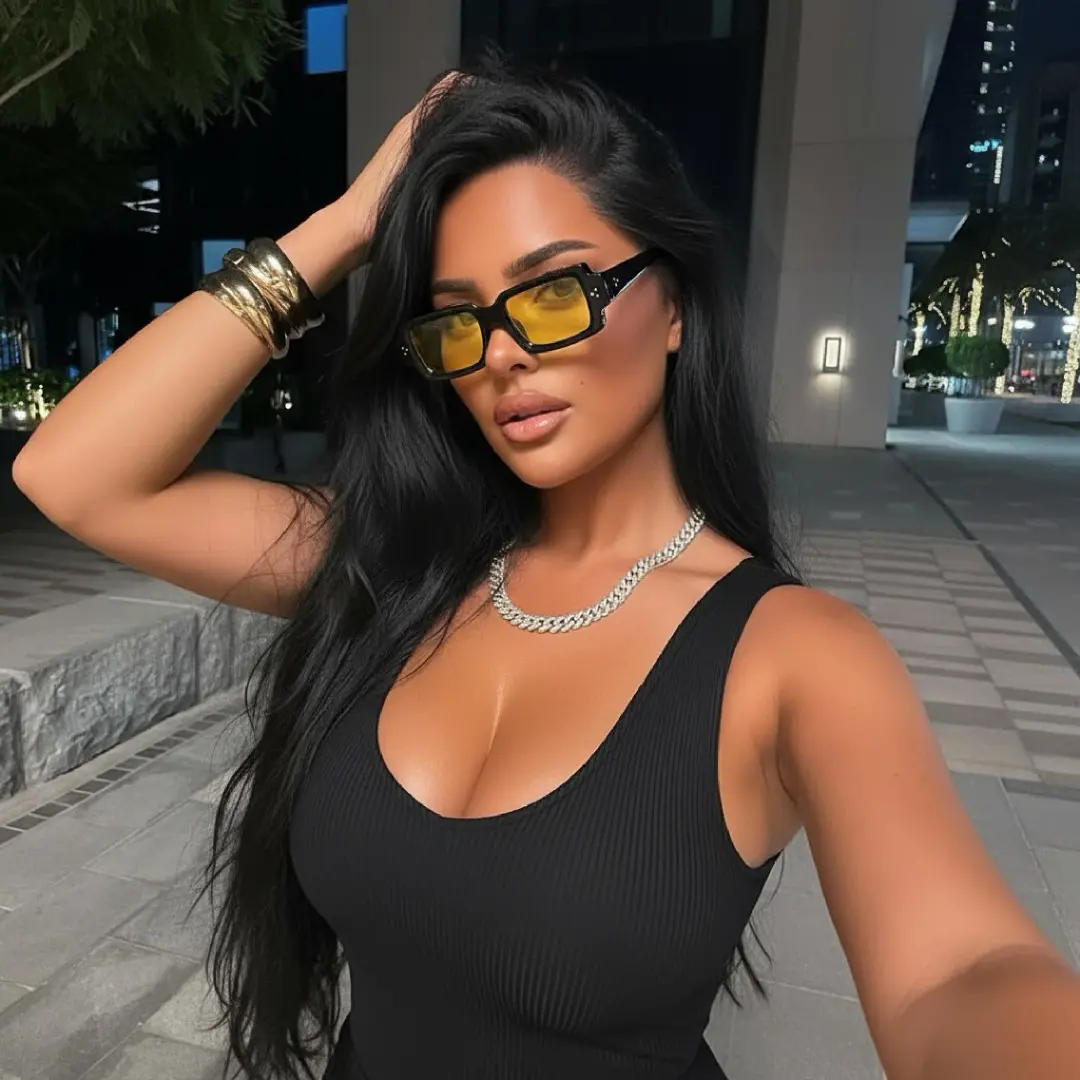 Three-quarter view of female wearing fashion black rectangle sunglasses, hand in hair, relaxed expression, EP0242507