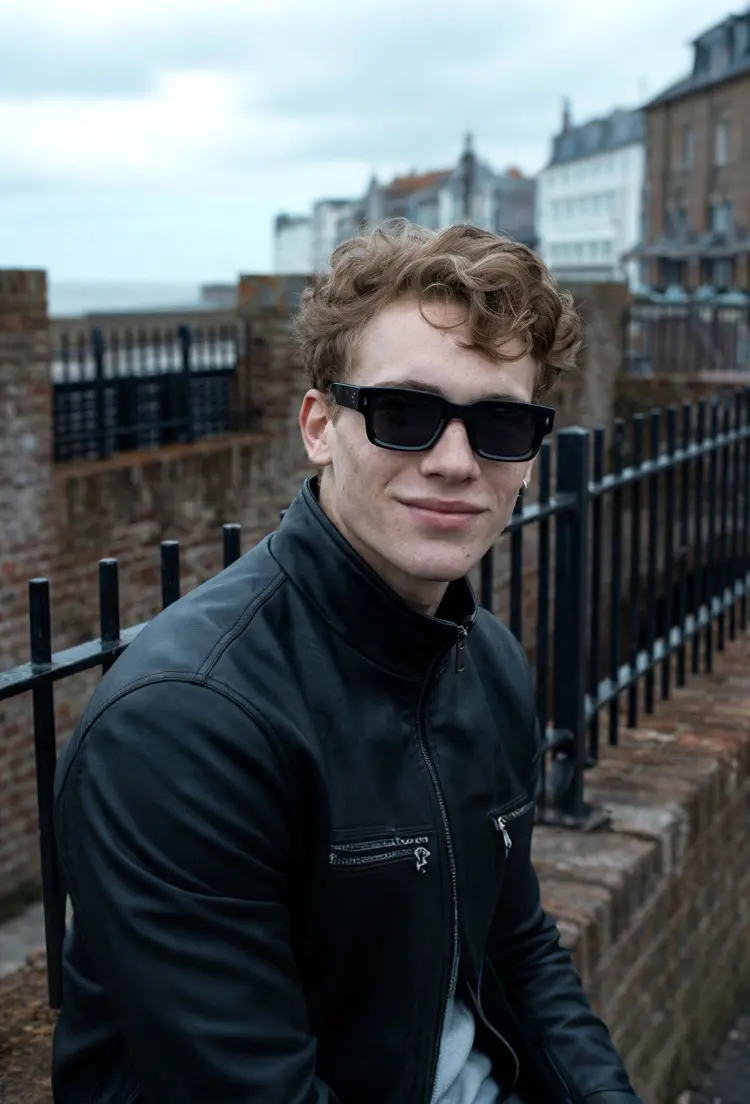 Male model wearing fashion black rectangle pc sunglasses at a coastal town promenade. SPU: EP0542509S