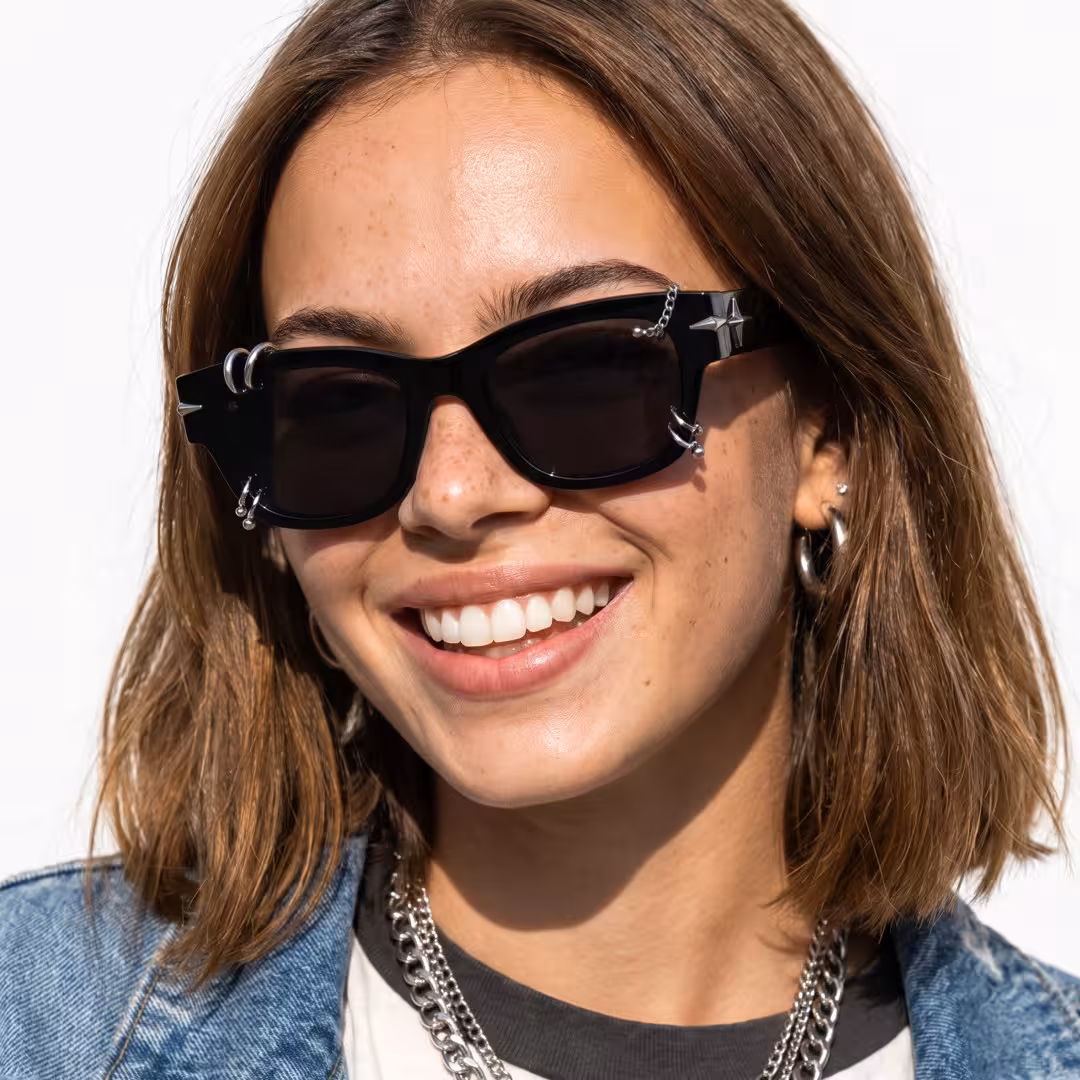 Female wearing silver rectangle tr90 handcrafted polarized sunglasses, natural smile. SPU: ER0072604