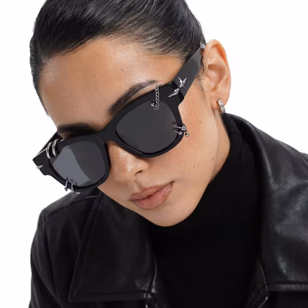 Female wearing silver rectangle tr90 handcrafted polarized sunglasses, neutral expression. SPU: ER0072604