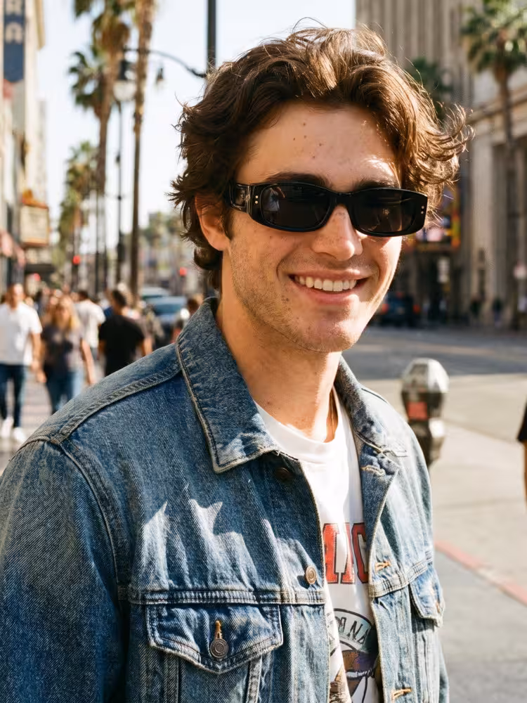 Male model wearing fashion black rectangle tr90 sunglasses on a busy Hollywood street. SPU: ER0132604