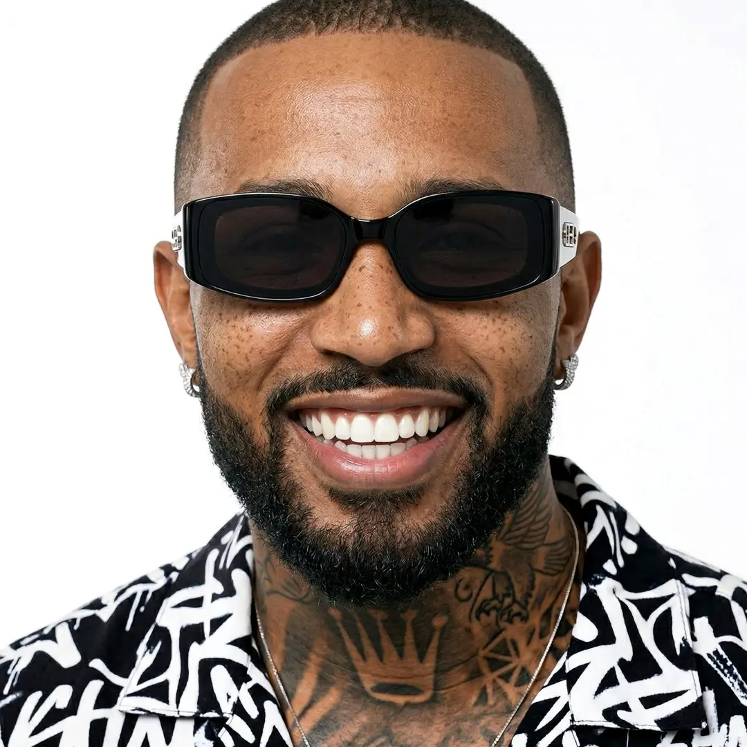 Front view of male wearing fashion black rectangle sunglasses, natural smile, ER0142604