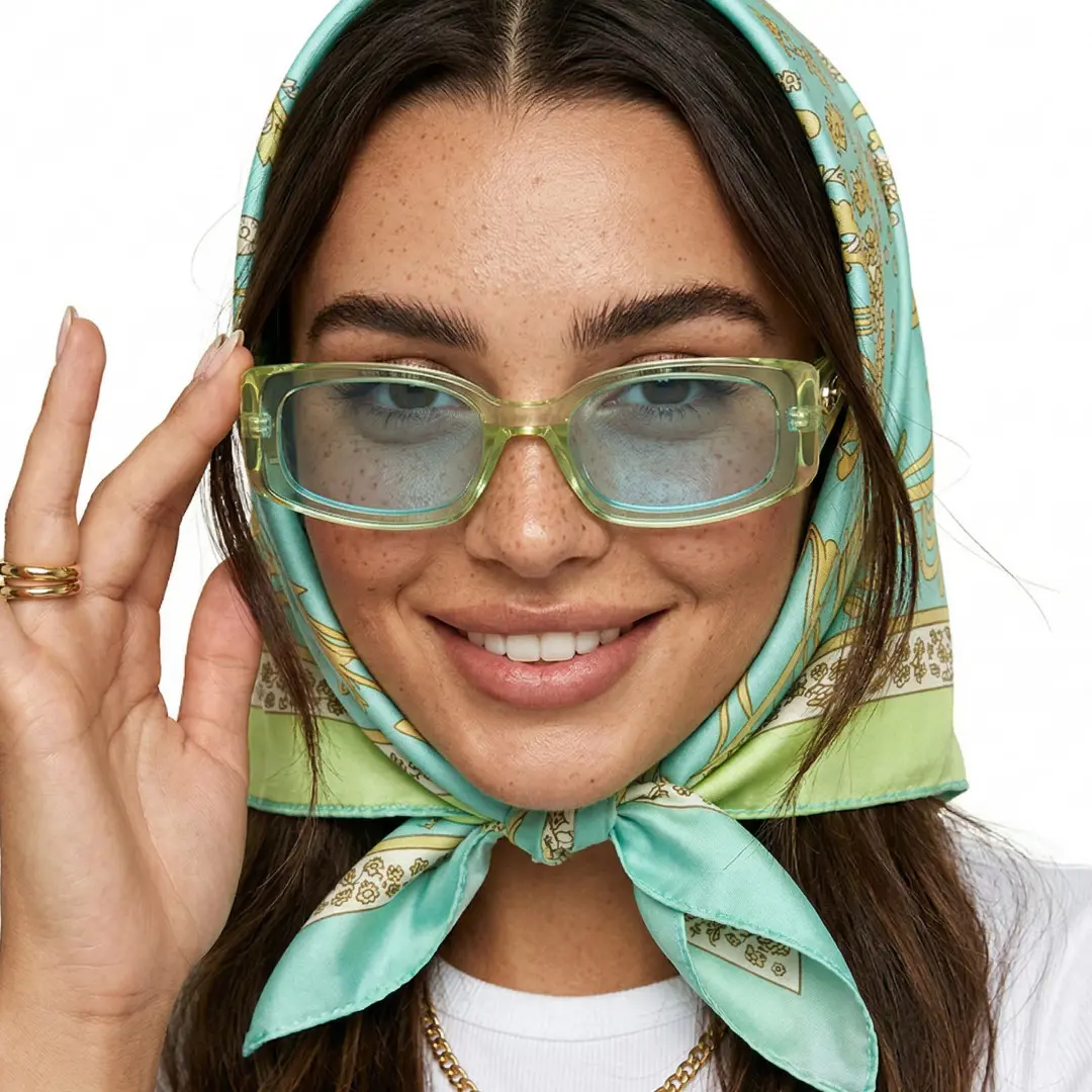 Close-up view of female wearing fashion green rectangle sunglasses, touching frame, natural smile, ER0142604