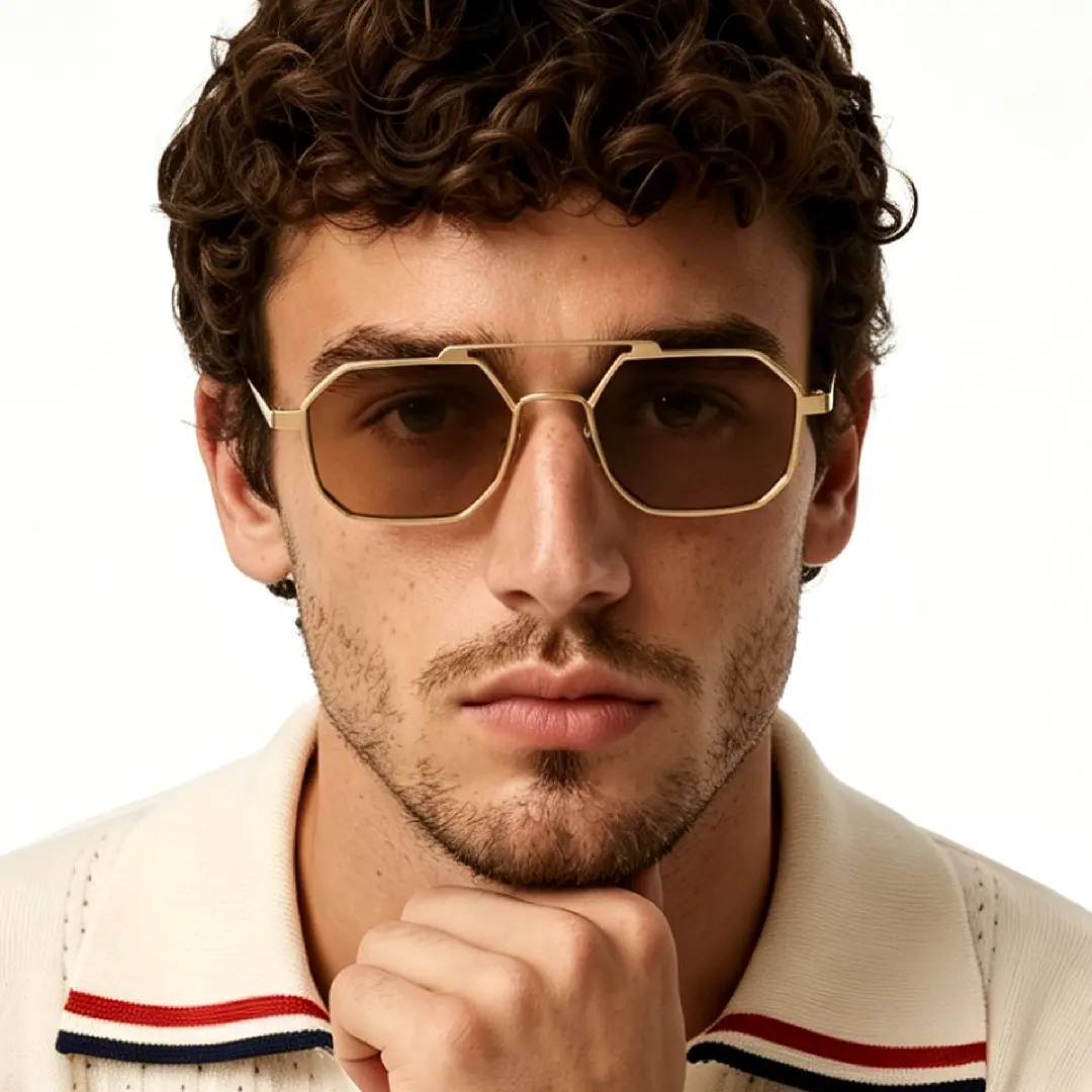 Face close-up view of male wearing steampunk brown geometric sunglasses, neutral expression, GM0012505