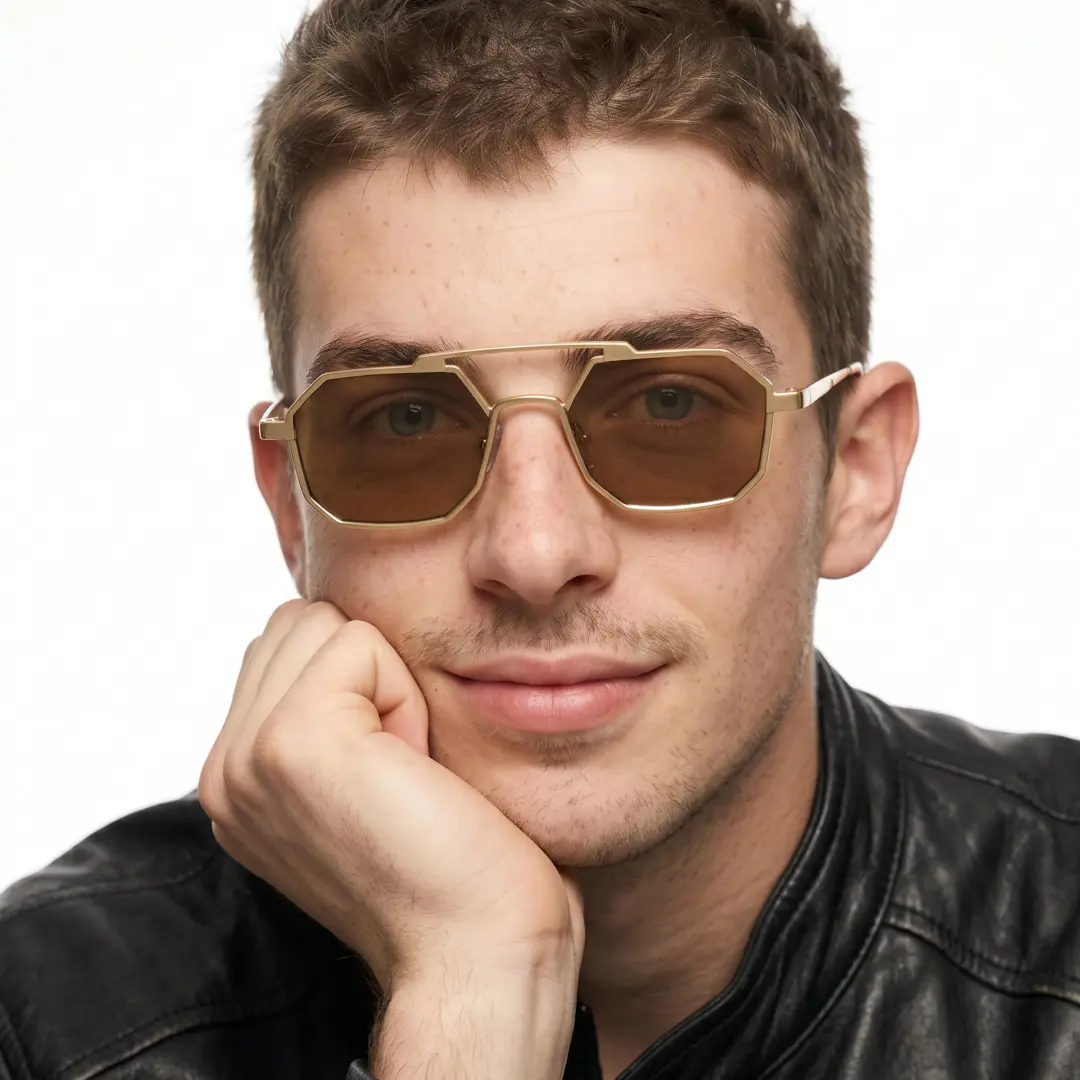 Front view of male wearing steampunk brown geometric sunglasses, smiling, GM0012505