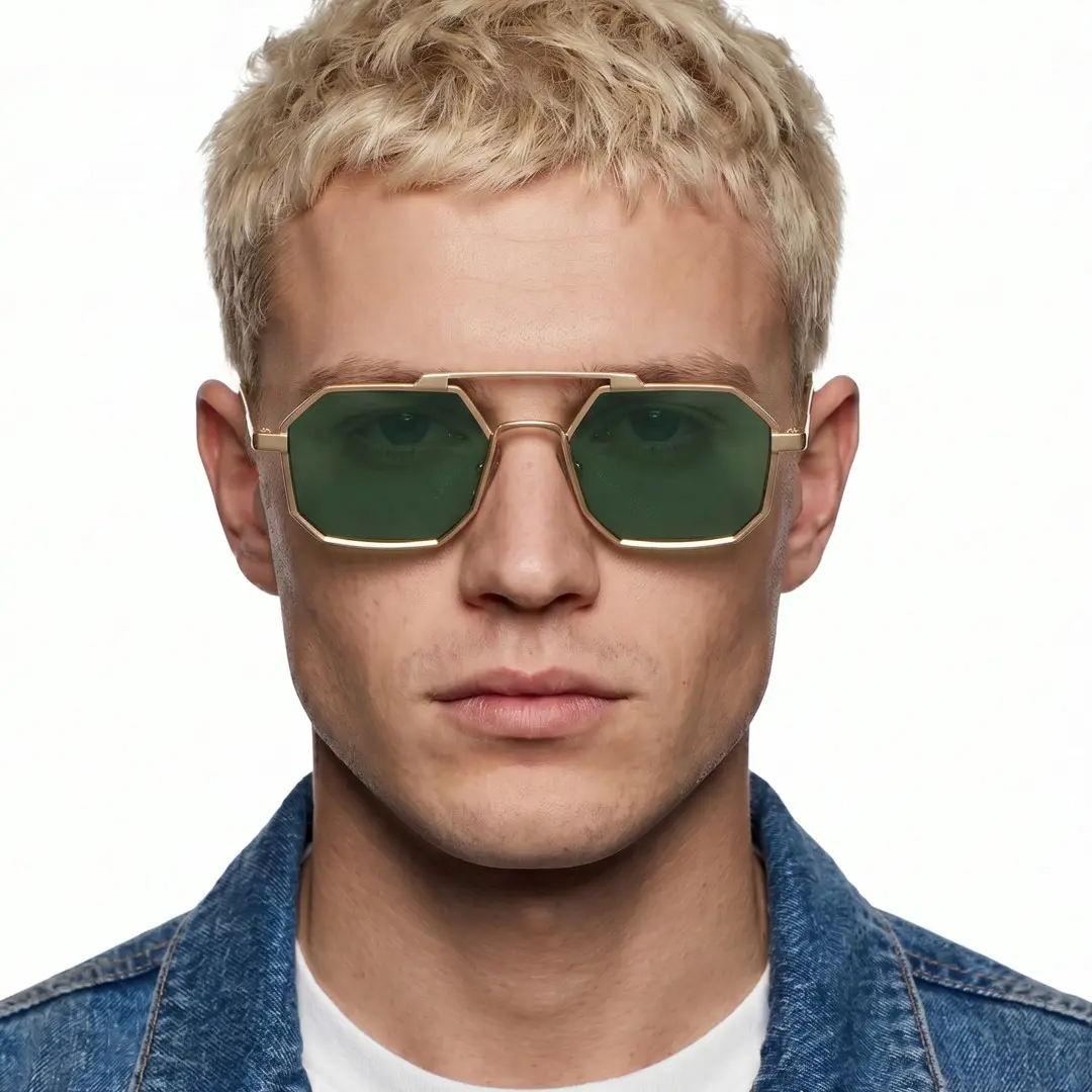 Front view of male wearing steampunk green geometric sunglasses, neutral expression, GM0012505