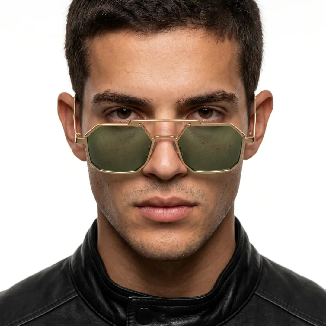 Front view of male wearing steampunk green geometric sunglasses, glasses lowered, natural expression, GM0012505