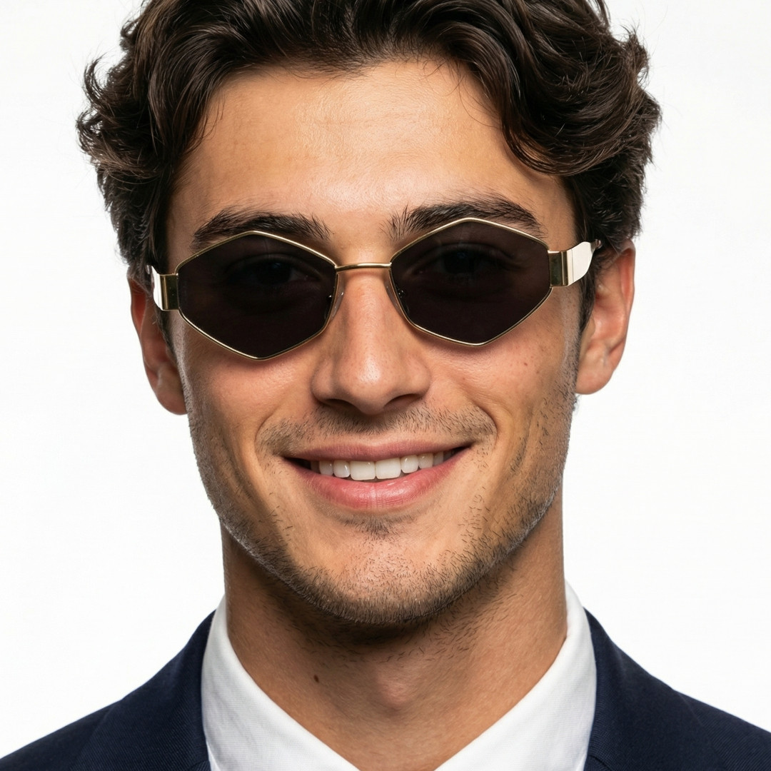 Front view of male wearing gold geometric sunglasses, smiling, GM0132506