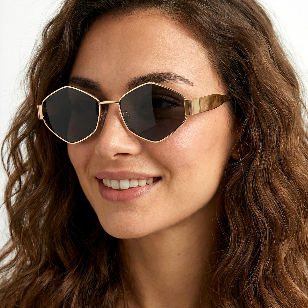 Looking away view of female wearing gold geometric sunglasses, smiling, GM0132506