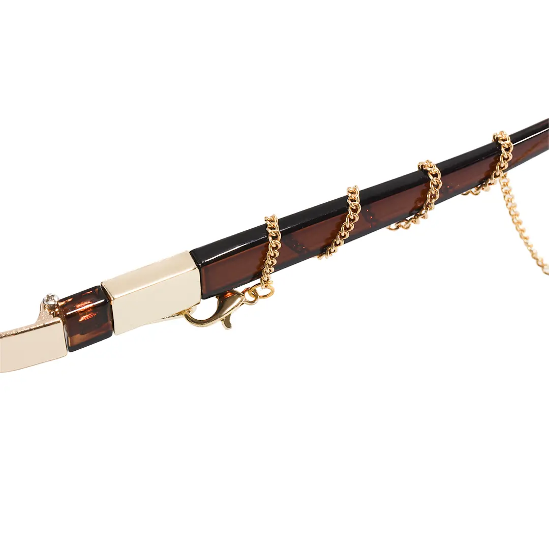 Temple chain detail view of Celestine geometric metal sunglasses GM0282603 in gold