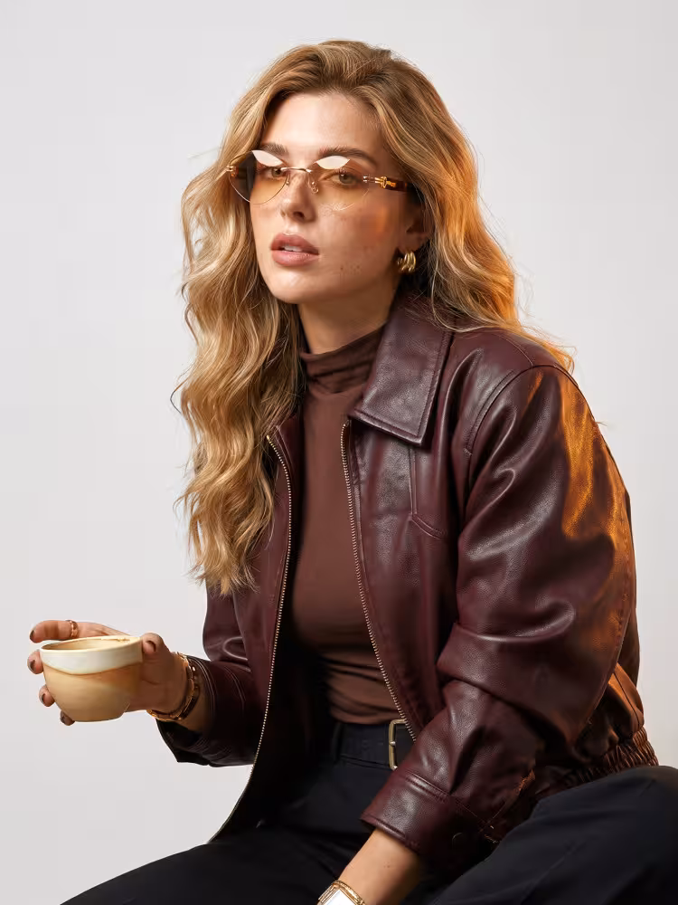 Female model wearing vintage chic tortoise geometric pc sunglasses in studio setting. SPU: GP0102604