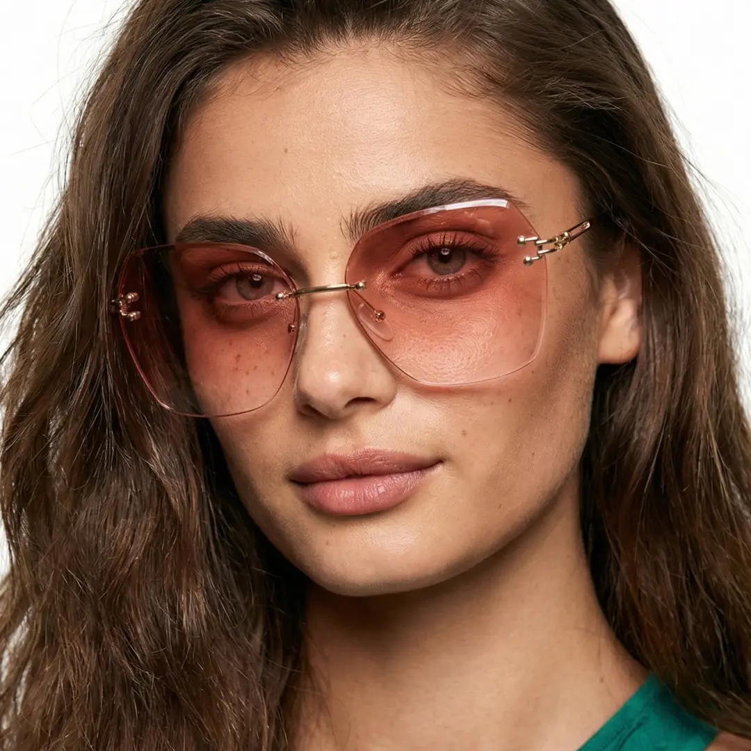 Face close-up view of female wearing pink geometric sunglasses, natural smile, GX0082505
