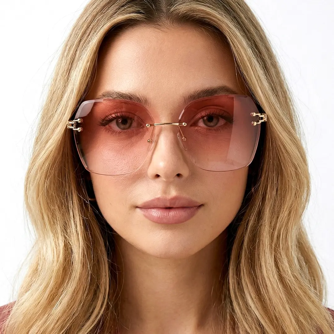 Front view of female wearing pink geometric sunglasses, neutral expression, GX0082505