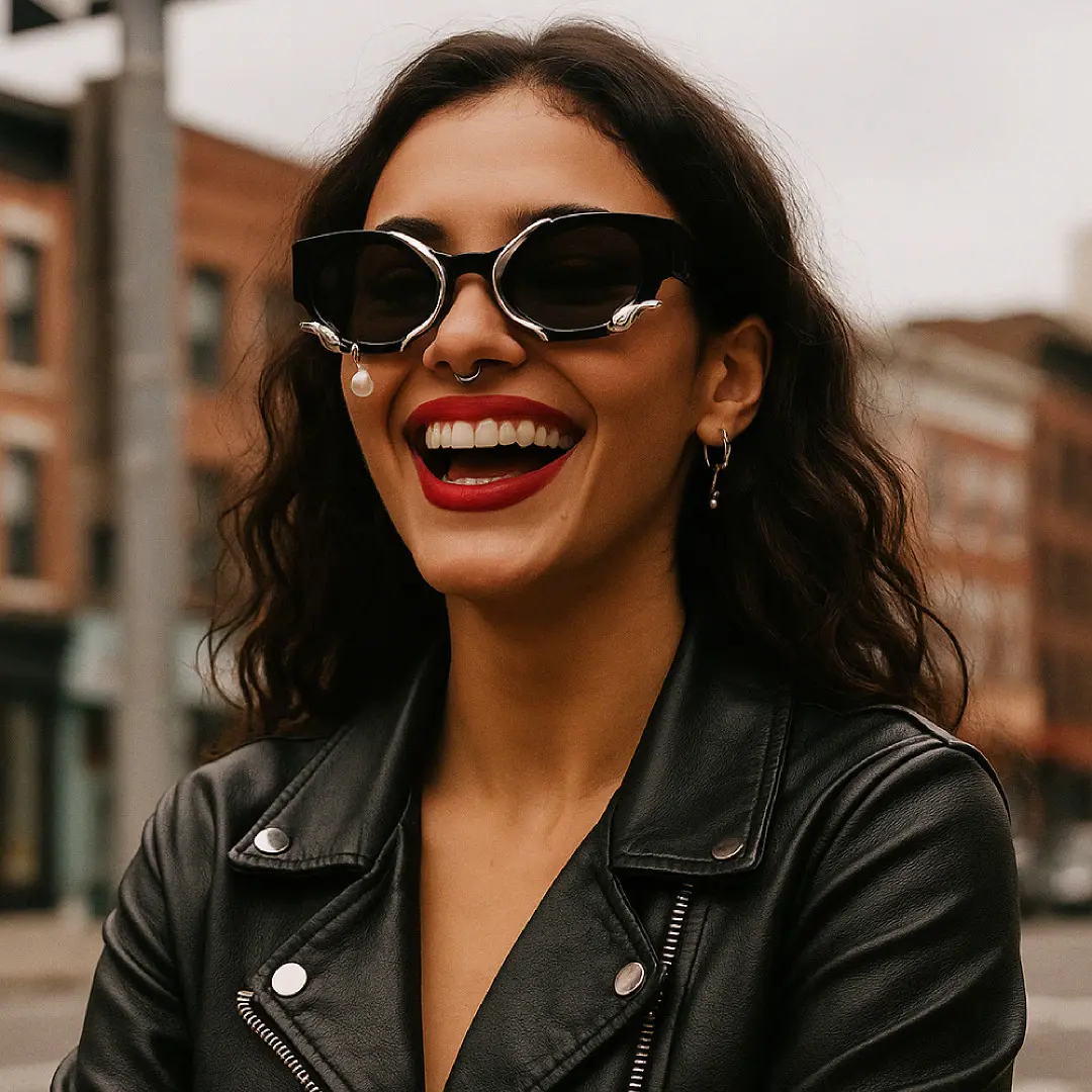 Front view of female wearing black oval sunglasses, big smile, OL0092506
