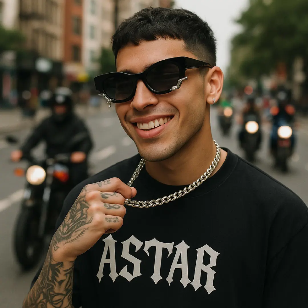 Front view of male wearing fashion black oval sunglasses, smiling, OL0092506