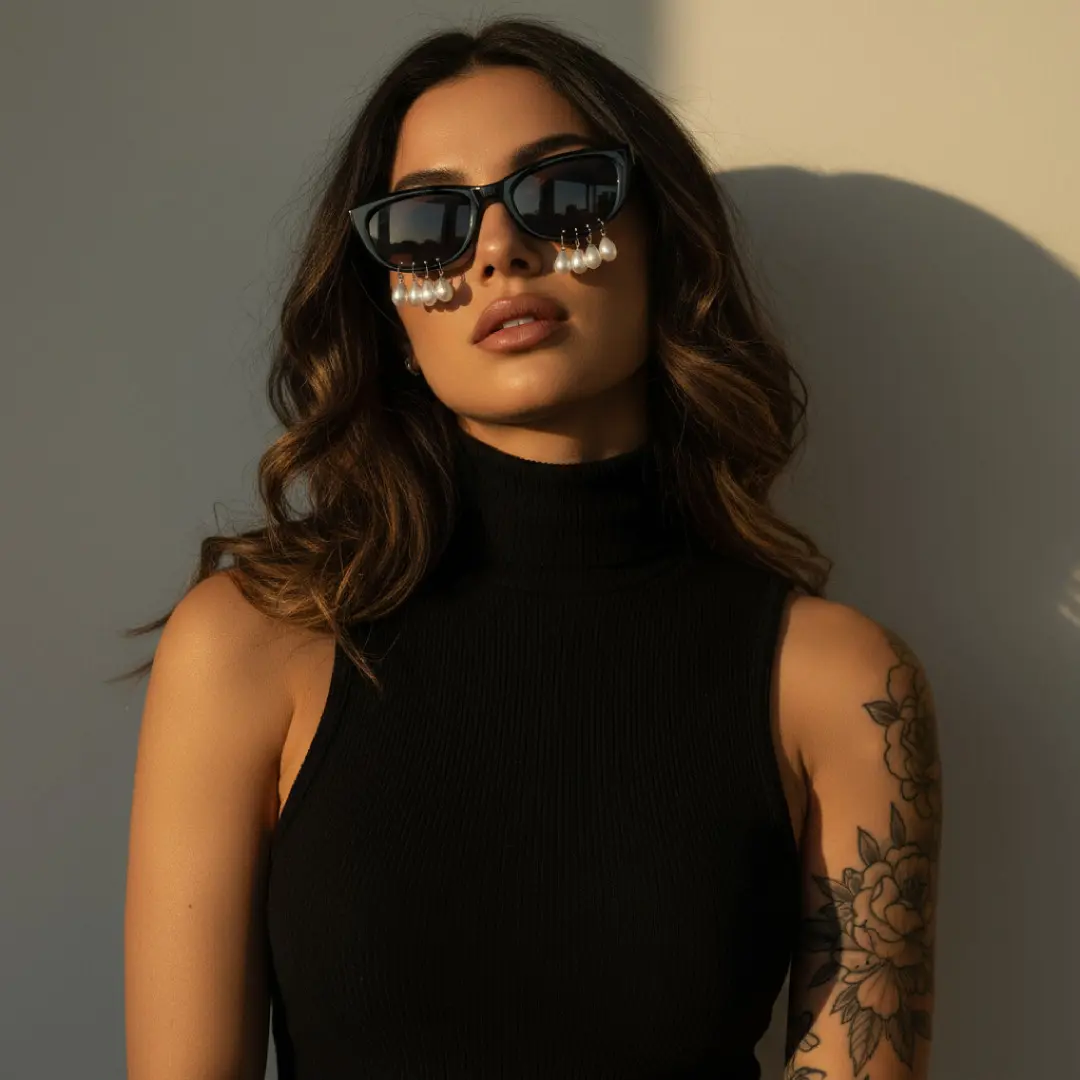 Straight-on view of female wearing fashion black oval sunglasses, relaxed expression, OL0102506