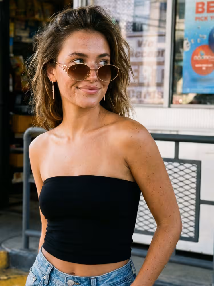 Female model wearing y2k gold oval metal sunglasses outside a street-side convenience store. SPU: OM0162603