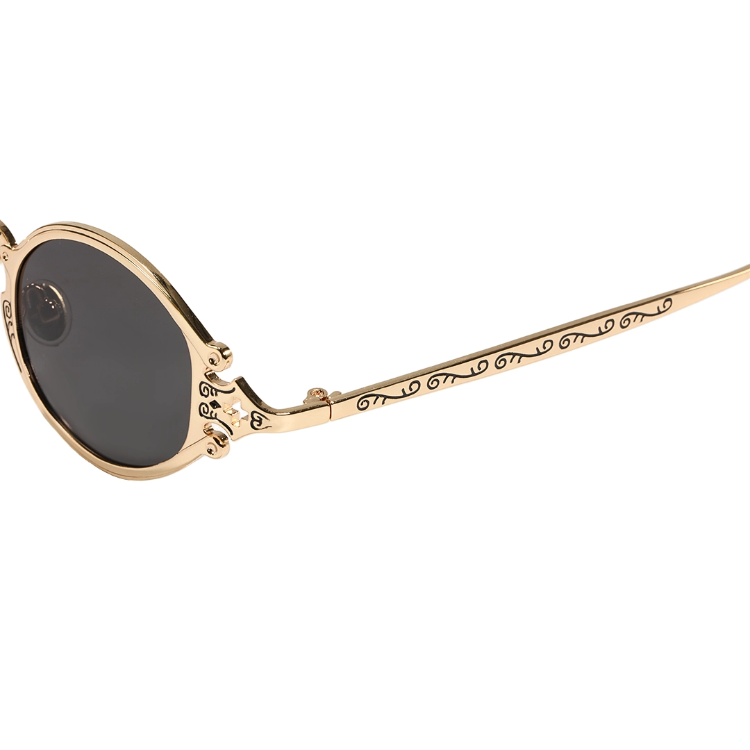 End piece detail of Evren fashion oval metal sunglasses in gold. SPU: OM0352601