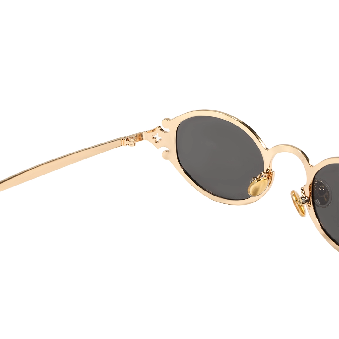 Hinge detail of Evren fashion oval metal sunglasses in gold. SPU: OM0352601