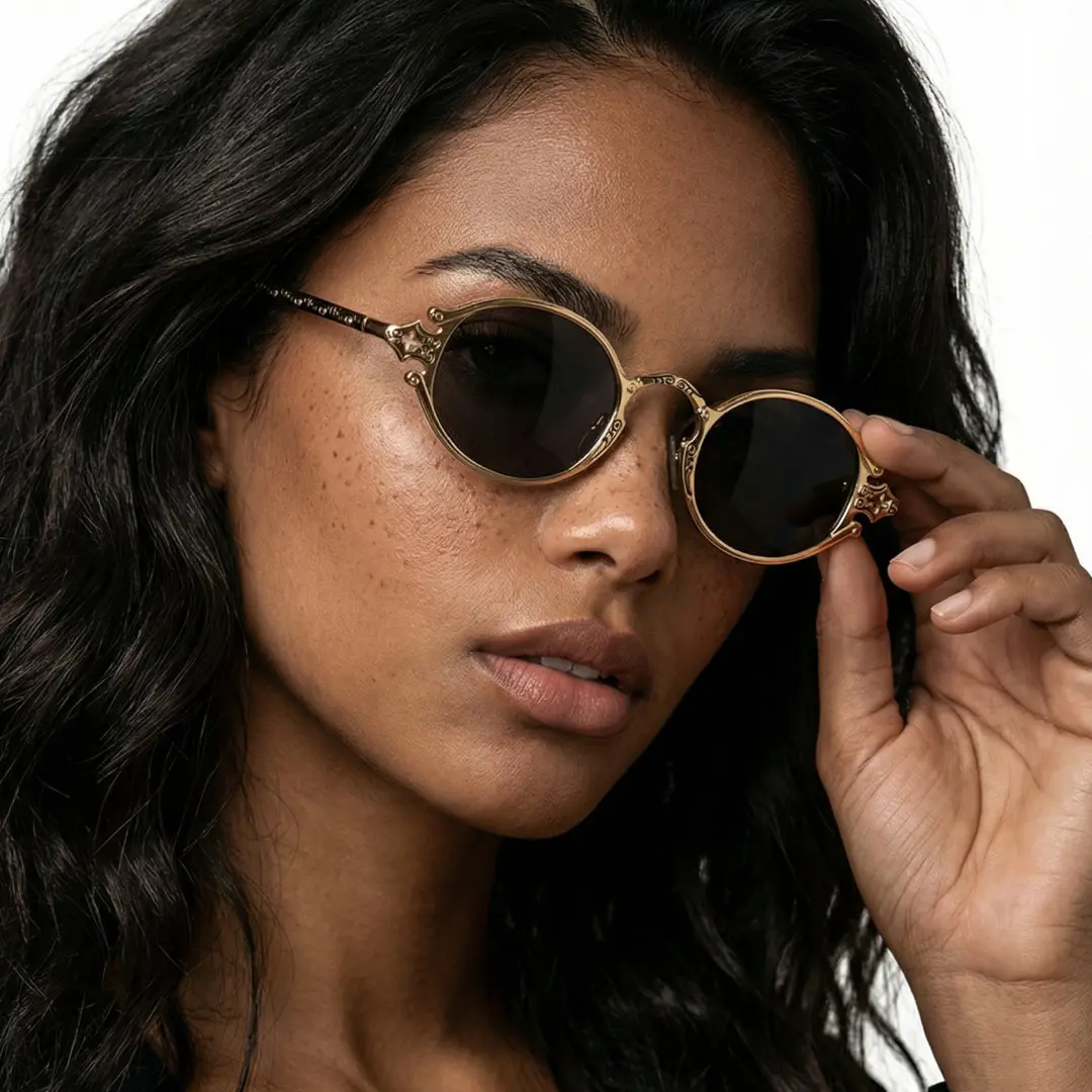 Front view of female wearing fashion gold oval sunglasses, touching frame, natural expression, OM0352601