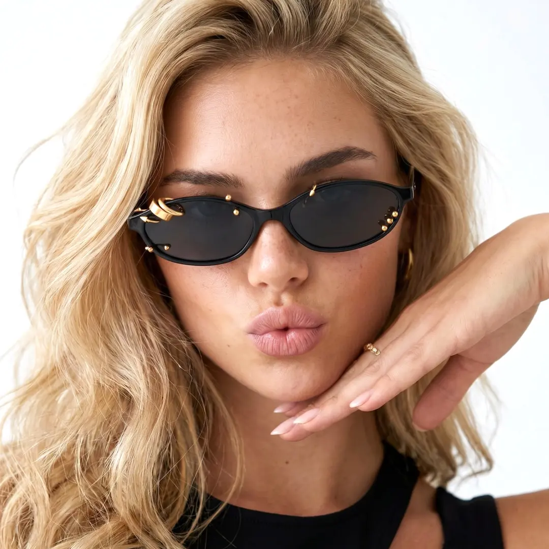 Front view of female wearing gold oval handcrafted polarized sunglasses, pouting, neutral expression, OP0092604