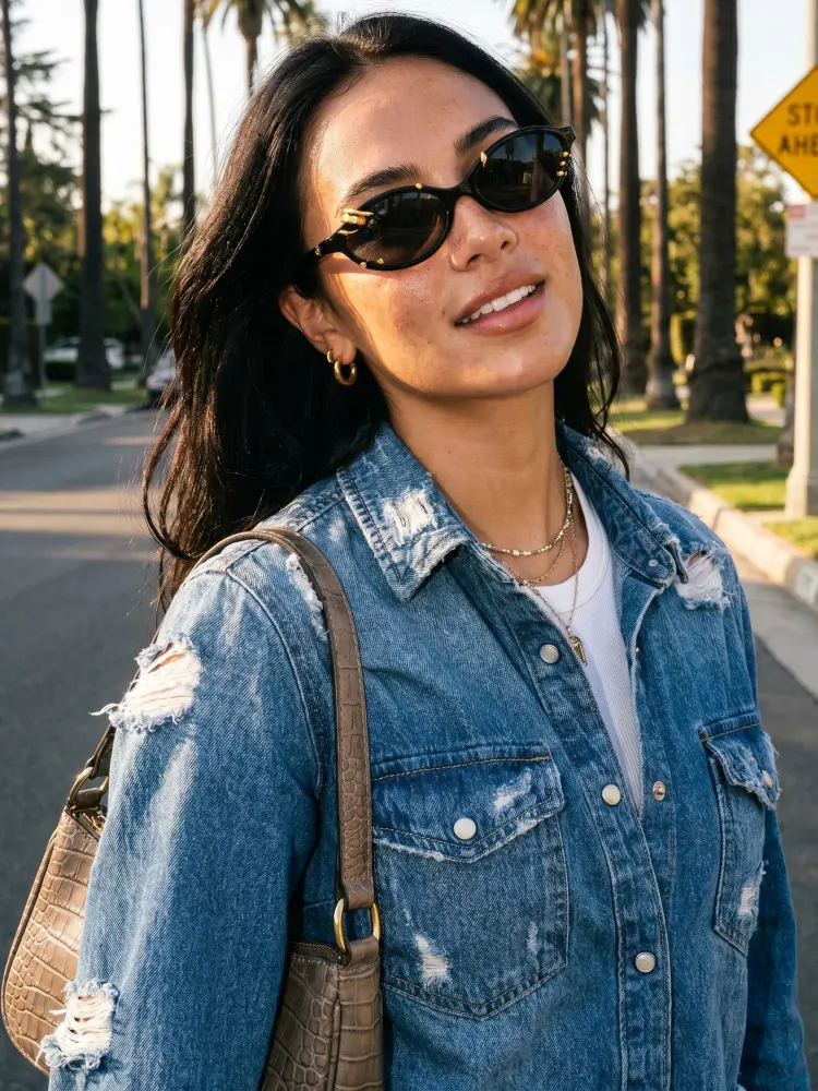 Female model wearing fashion eyewear gold oval pc sunglasses on a sunny city street. SPU: OP0092604