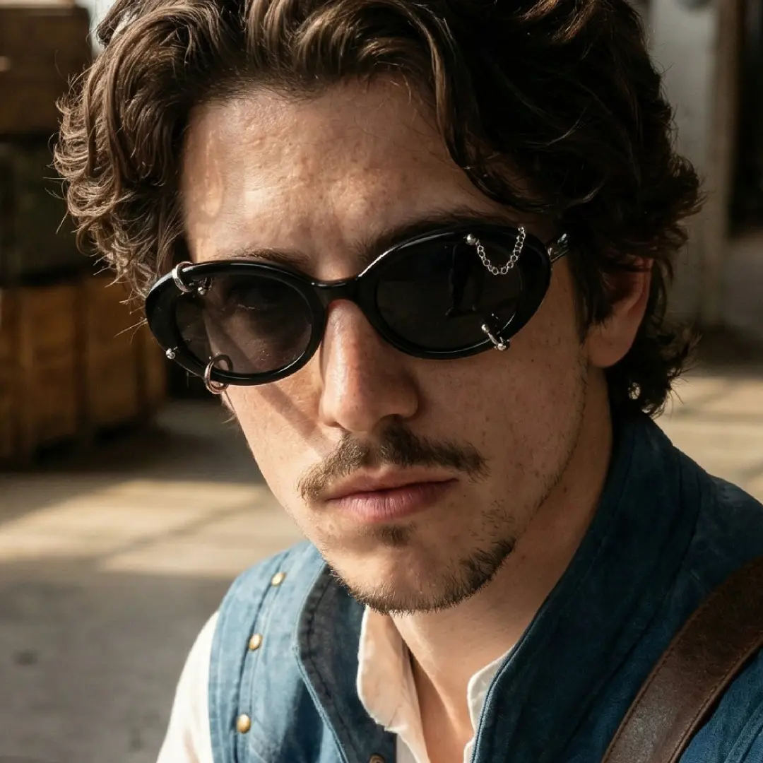 Front view of male wearing black oval handcrafted polarized sunglasses, neutral expression, OR0022509