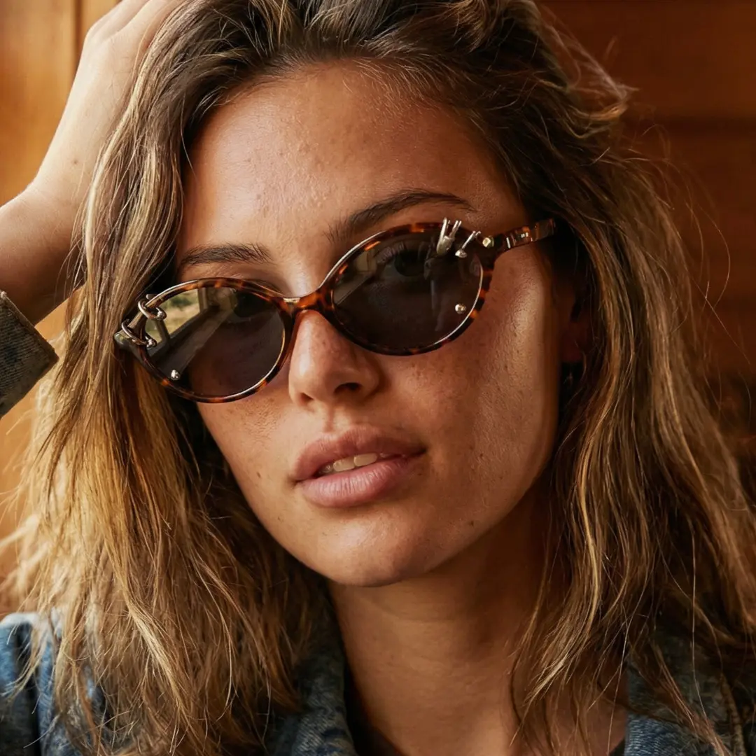 Tilted head view of female wearing tortoise oval handcrafted polarized sunglasses, hand in hair, natural smile, OR0042509