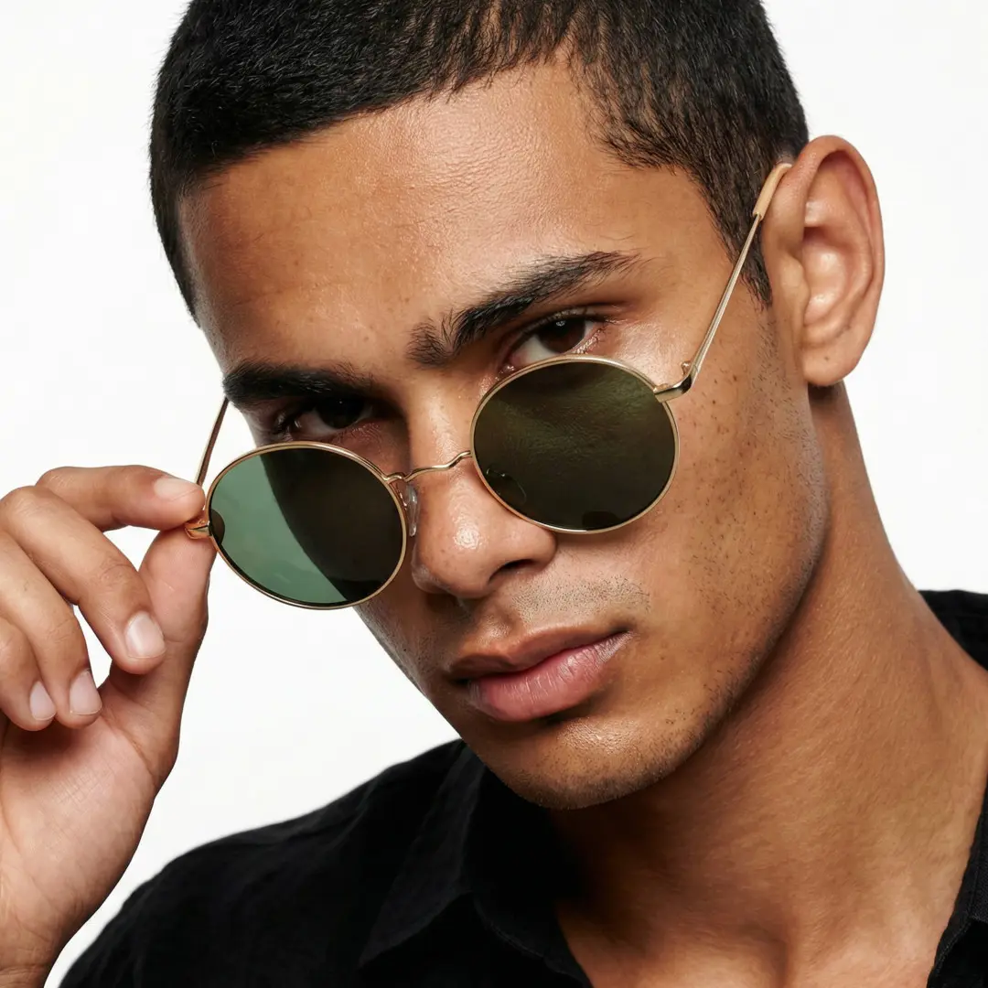 Three-quarter view of male wearing army green round sunglasses, holding glasses, neutral expression, RM0012207