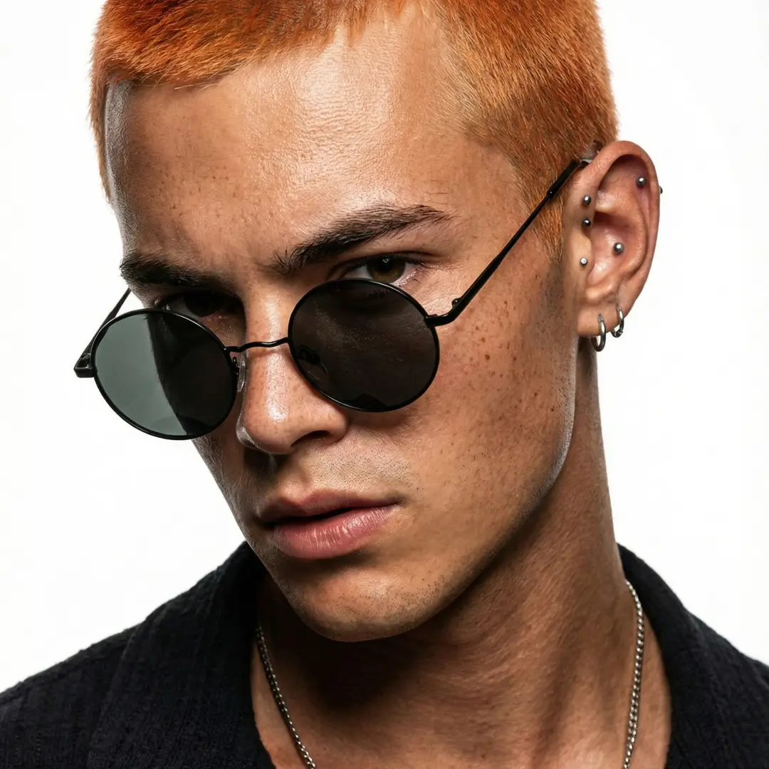 Three-quarter view of male wearing black round sunglasses, neutral expression, RM0012207