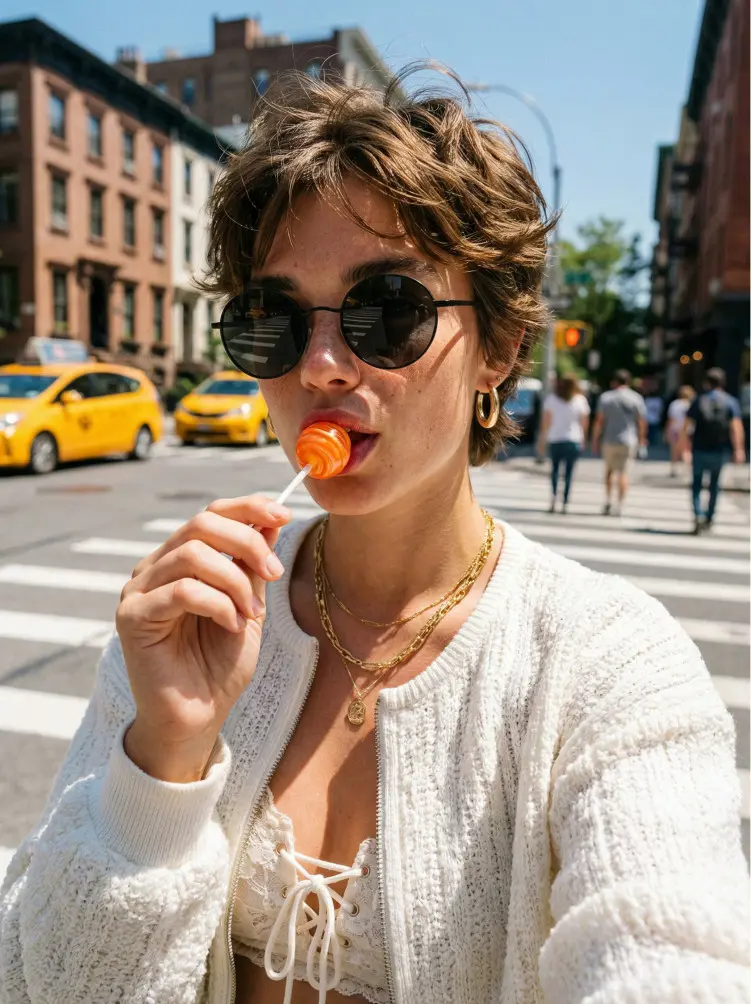 Female model wearing everyday black round metal sunglasses in sunny city street. SPU: RM0012207