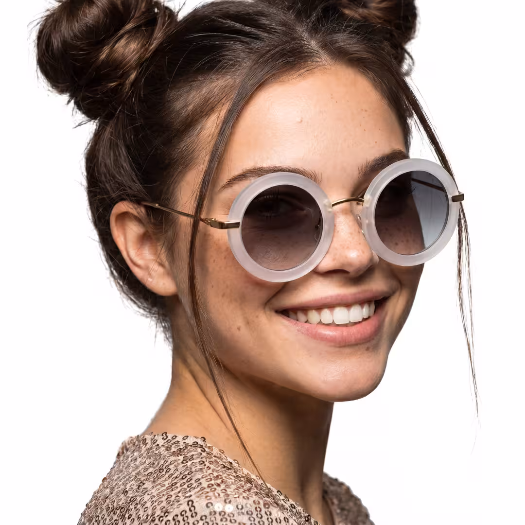 Female wearing vintage gold round metal sunglasses, smiling. SPU: RM0012605