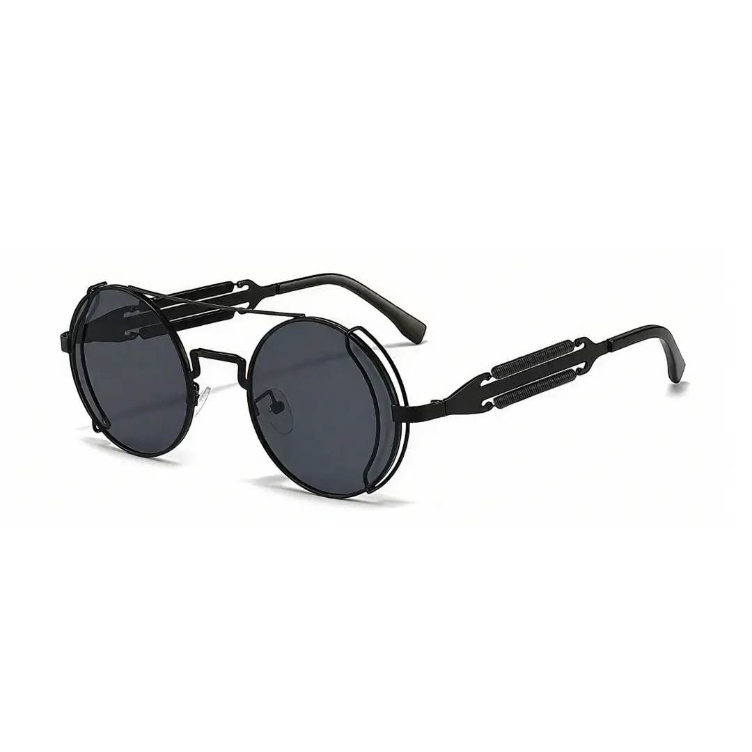 Angle view of Binfing steampunk round metal sunglasses RM0102303 in black