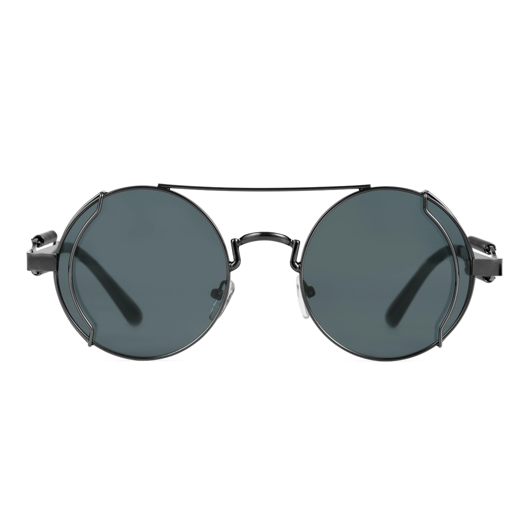 Front view of Binfing steampunk round metal sunglasses RM0102303 in black