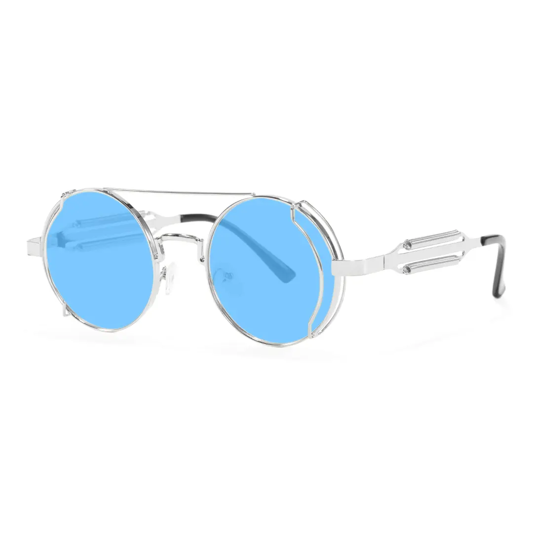 Angle view of Binfing steampunk round metal sunglasses RM0102303 in blue