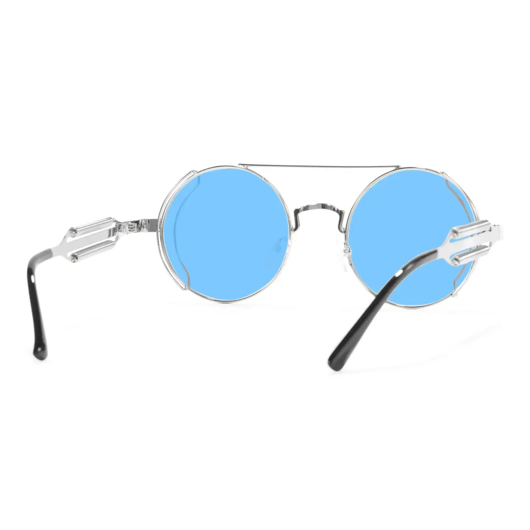 Back view of Binfing steampunk round metal sunglasses RM0102303 in blue