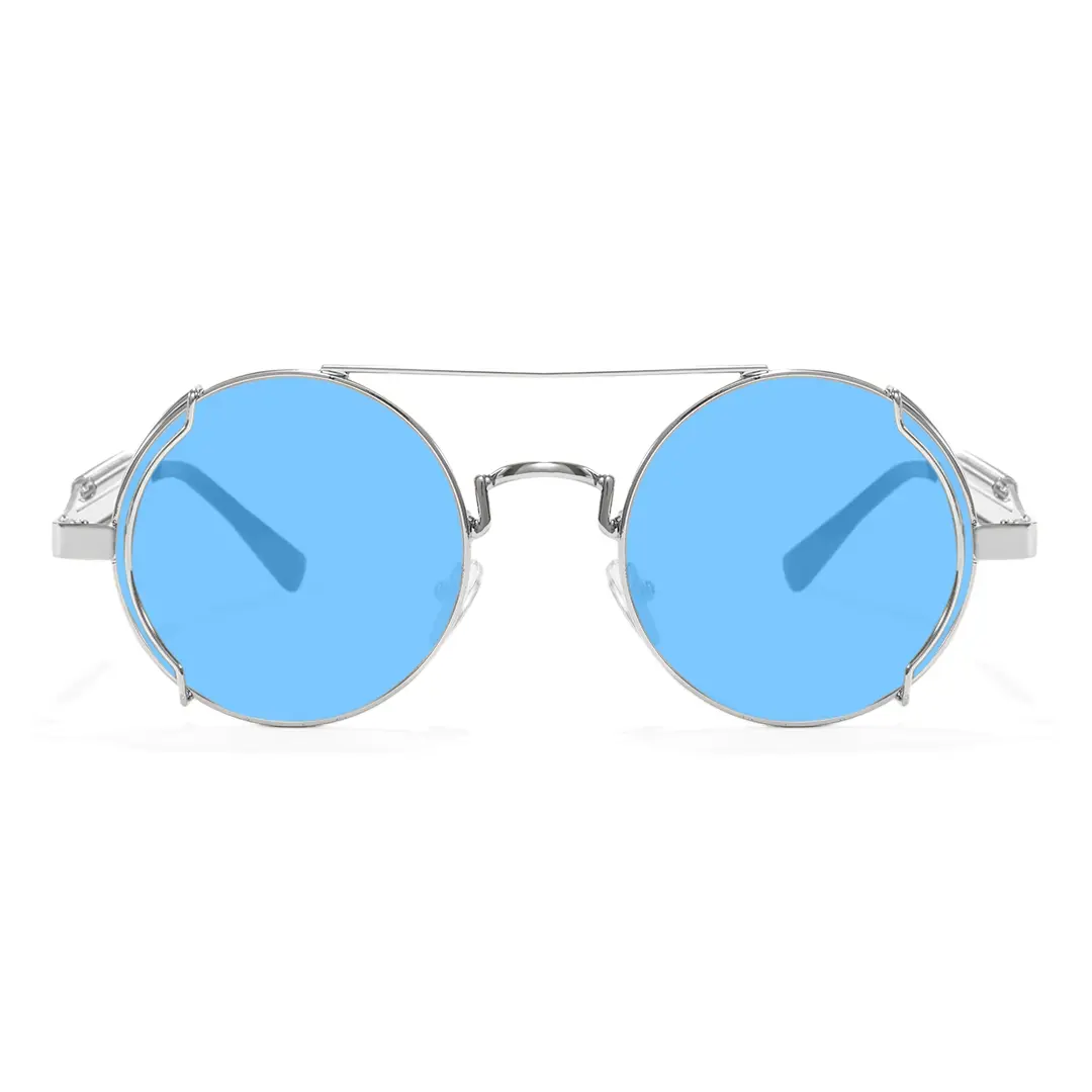 Front view of Binfing steampunk round metal sunglasses RM0102303 in blue