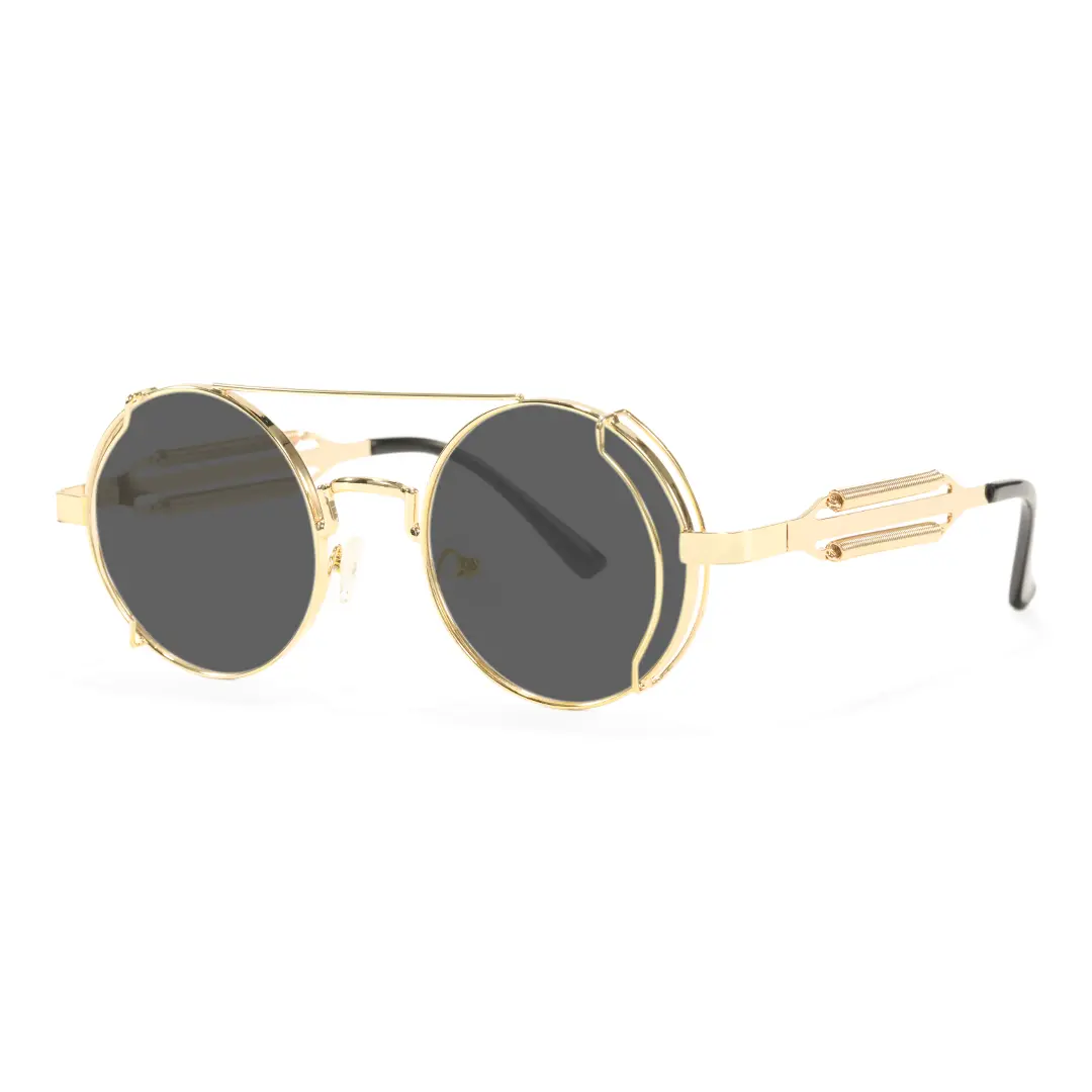 Angle view of Binfing steampunk round metal sunglasses RM0102303 in gold