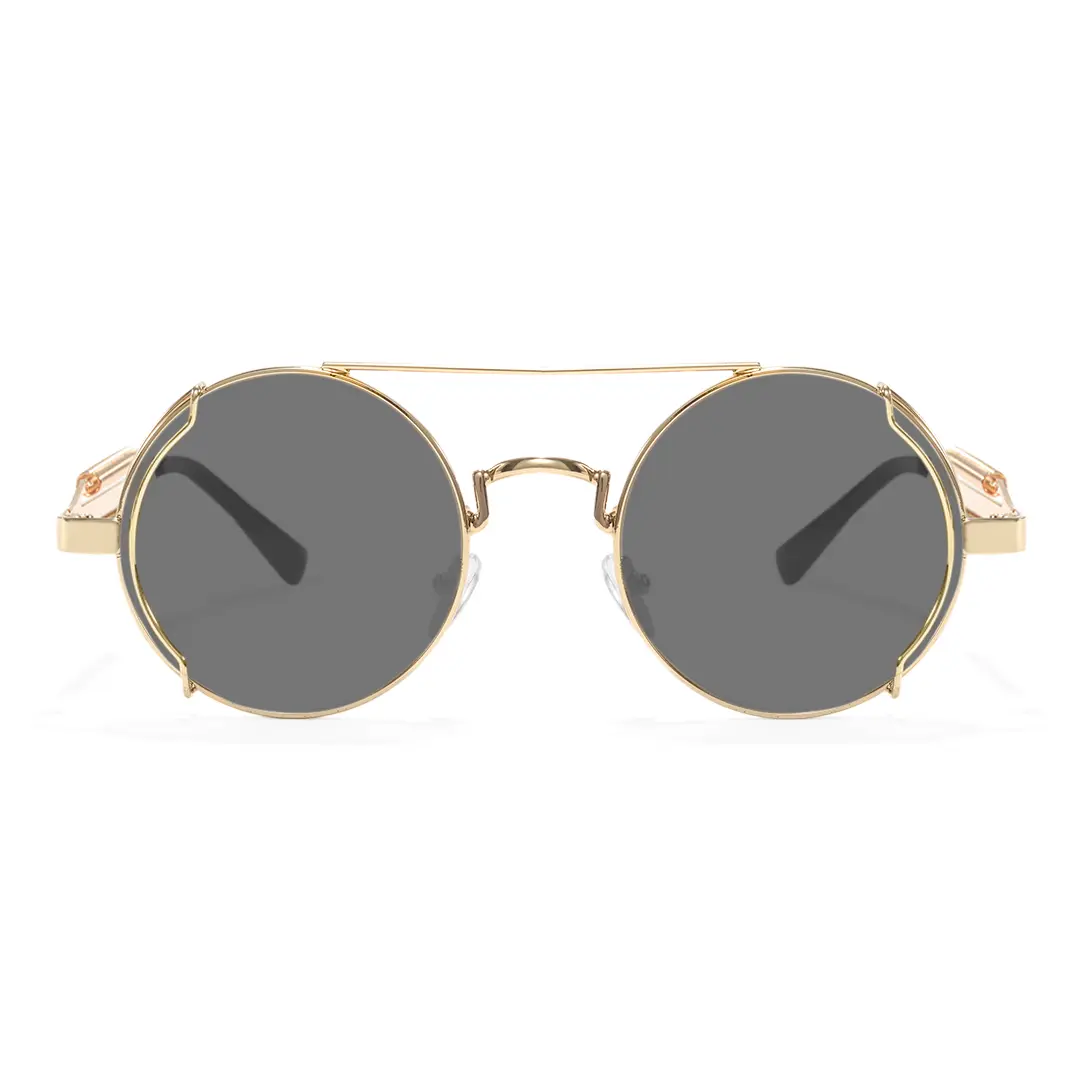 Front view of Binfing steampunk round metal sunglasses RM0102303 in gold