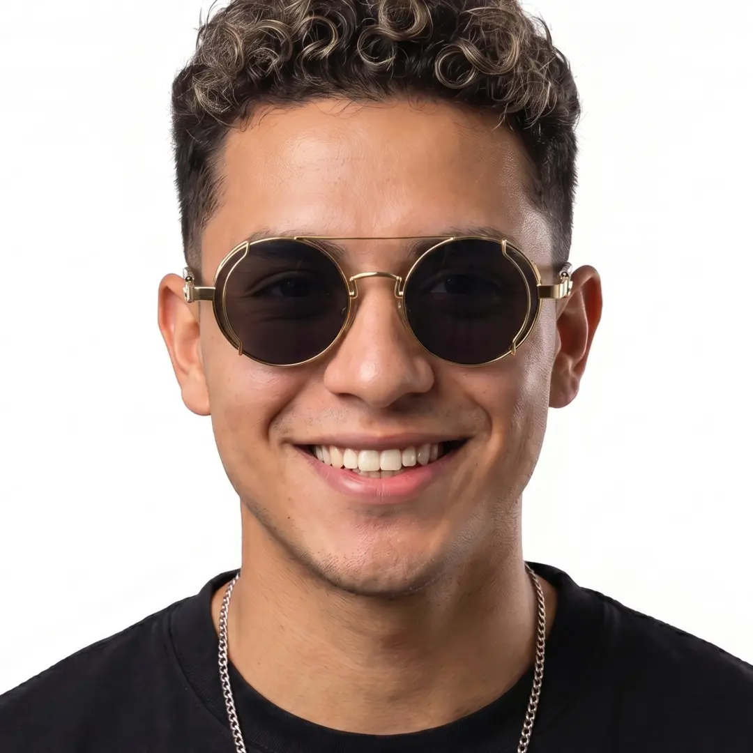 Front view of male wearing steampunk gold round sunglasses, big smile, RM0102303